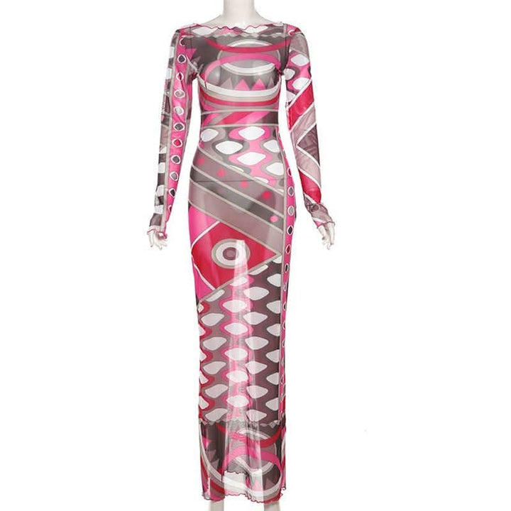 Long sleeve ruffle abstract mesh maxi dress-final-sale  | Festival Outfits Women