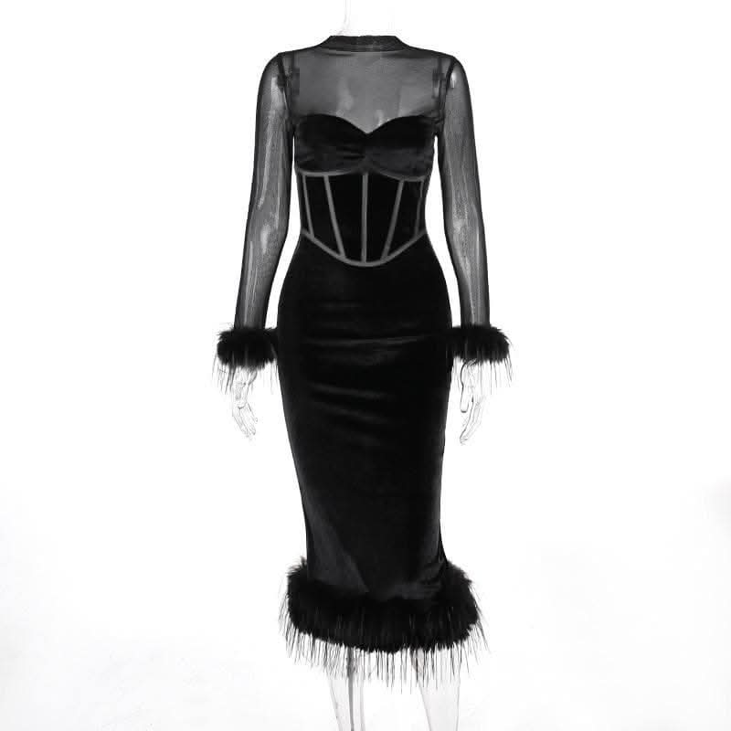 Long sleeve feather velvet mesh patchwork slit high neck midi dress-final-sale  | Festival Outfits Women
