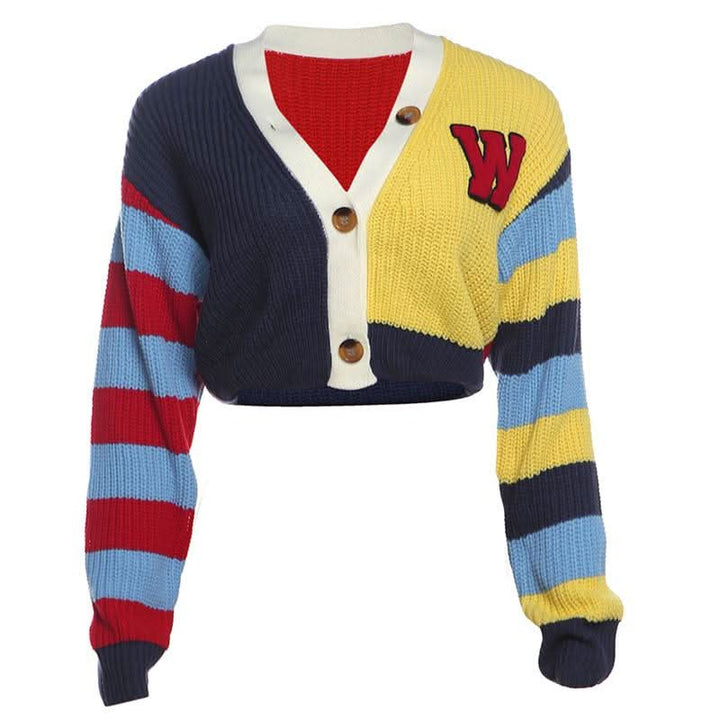 Long sleeve v neck button knitted contrast top  | Festival Outfits Women
