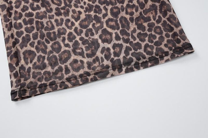 Long sleeve leopard print crewneck sheer mesh maxi dress  | Festival Outfits Women