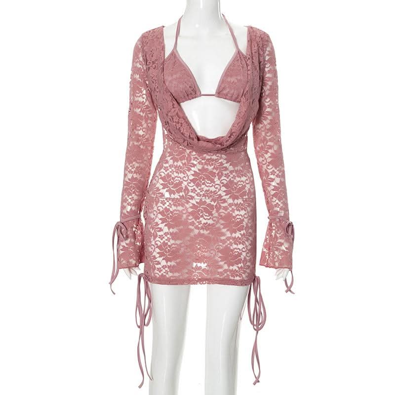 Long sleeve lace hollow out self tie 2 piece mini skirt set  | Festival Outfits Women