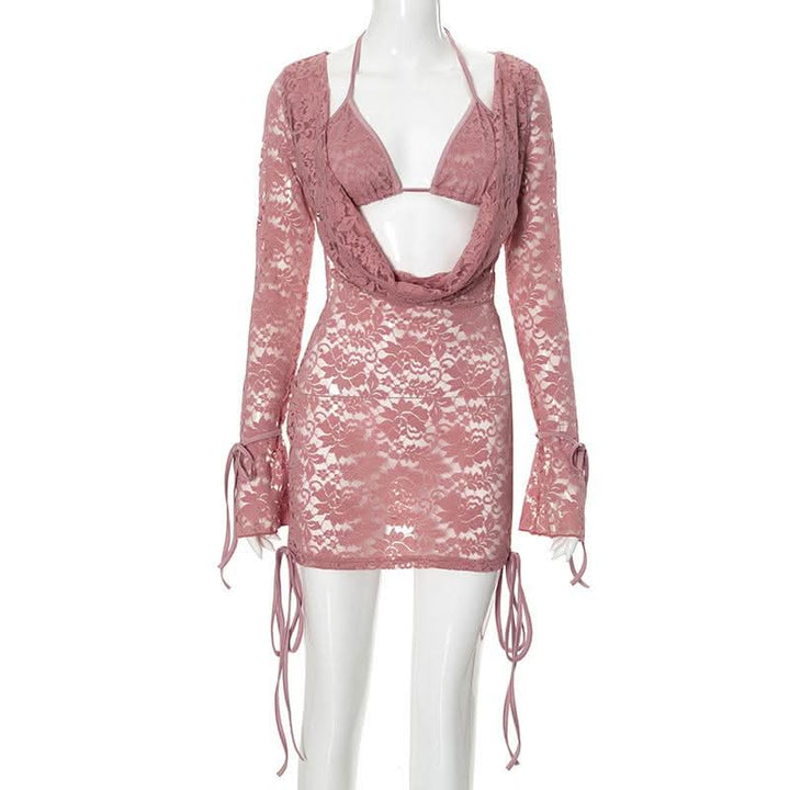 Long sleeve lace hollow out self tie 2 piece mini skirt set  | Festival Outfits Women