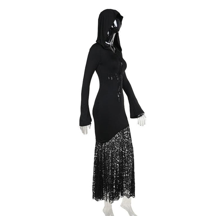 Long sleeve hoodie lace hem cross pattern maxi dress  | Festival Outfits Women