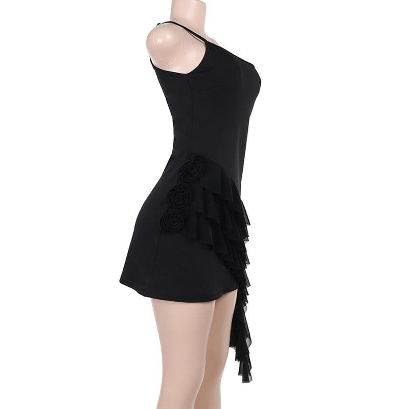 One shoulder ruffle flower applique mini dress  | Festival Outfits Women