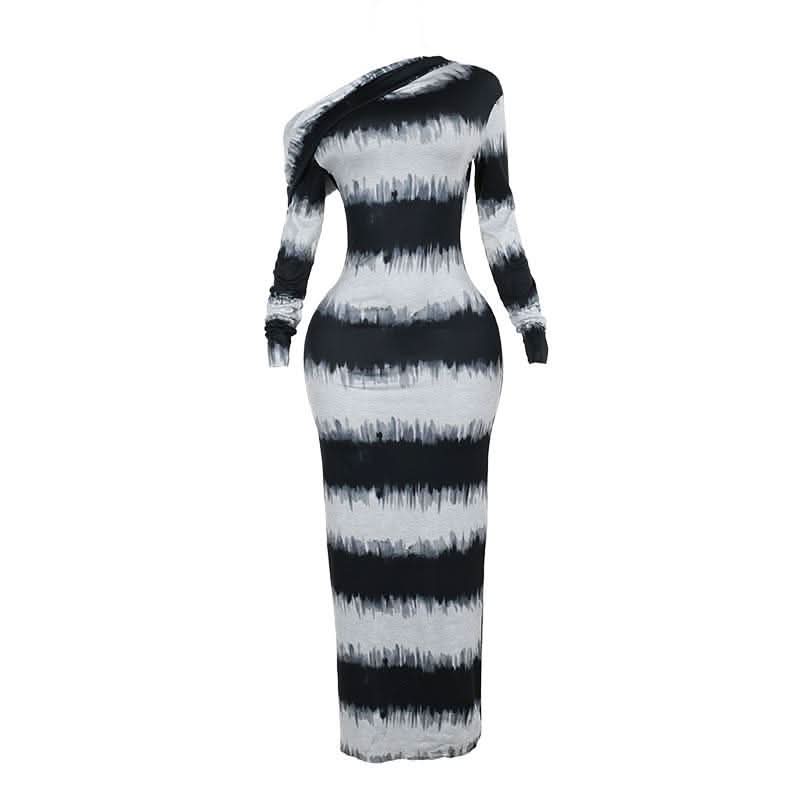 Irregular long sleeve one shoulder striped maxi dress-final-sale  | Festival Outfits Women