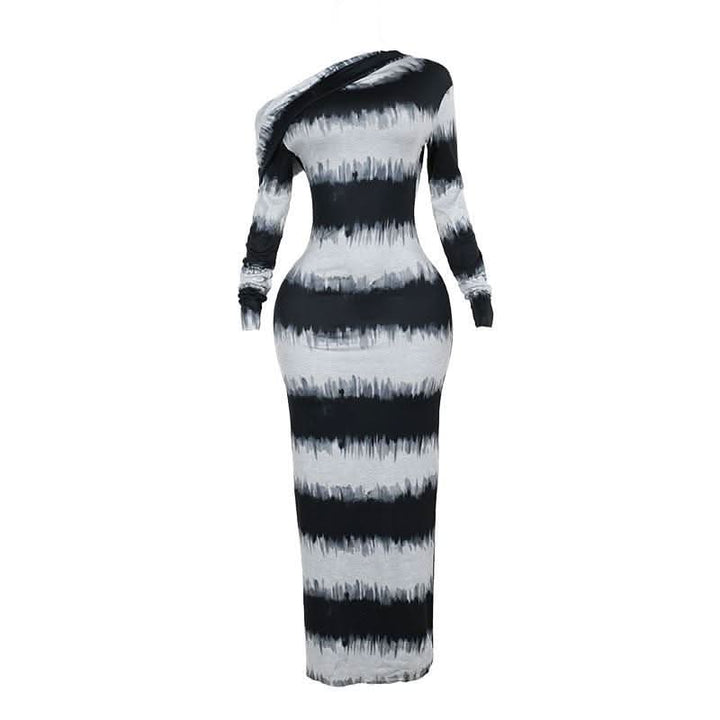 Irregular long sleeve one shoulder striped maxi dress-final-sale  | Festival Outfits Women