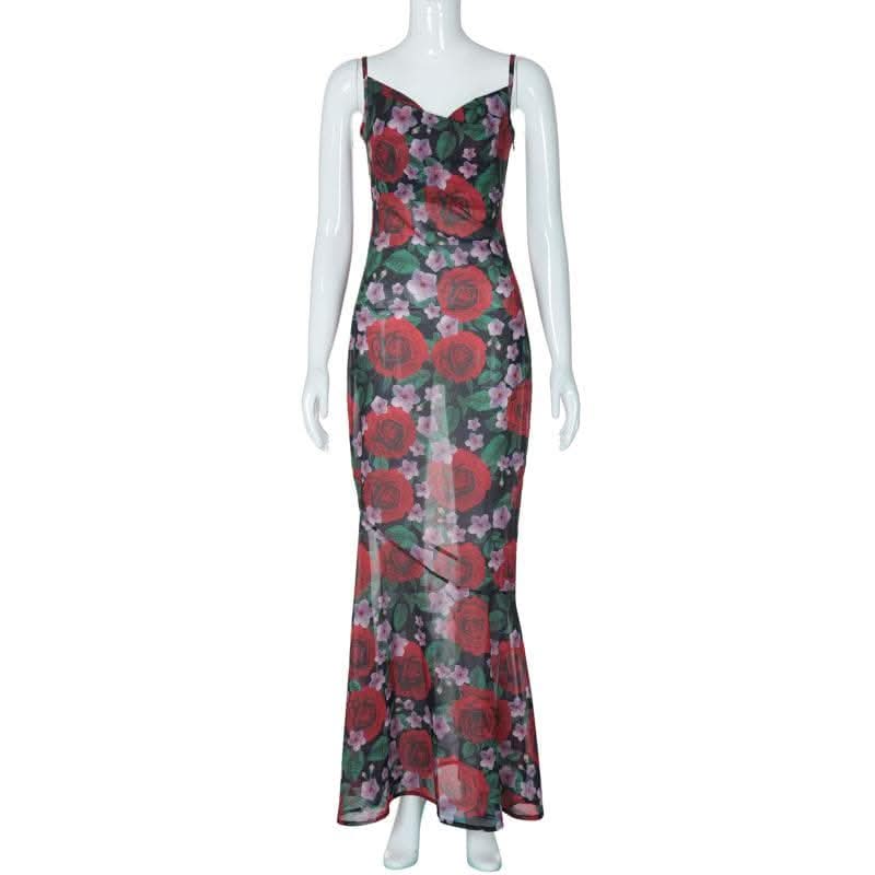 Cowl neck flower print zip-up contrast backless cami maxi dress-final-sale  | Festival Outfits Women