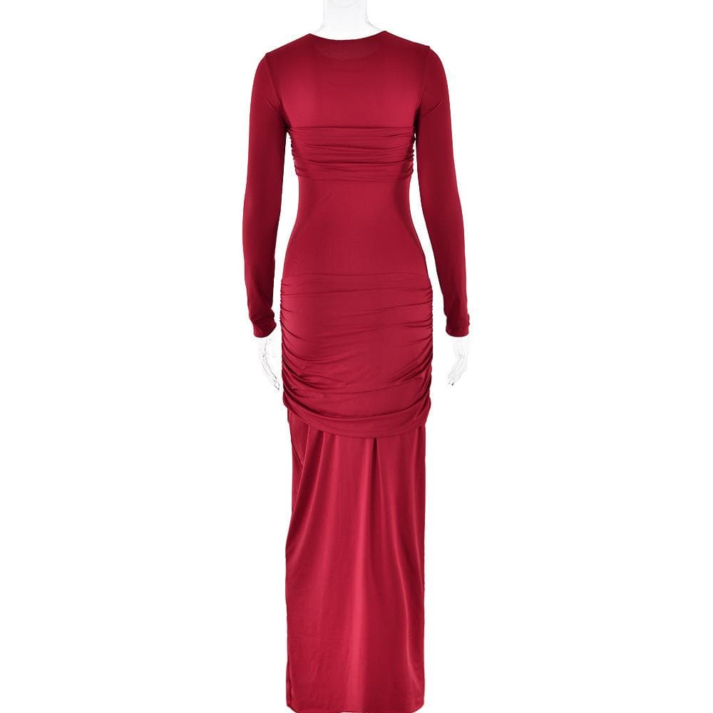 Long sleeve crewneck ruched cross front maxi dress  | Festival Outfits Women