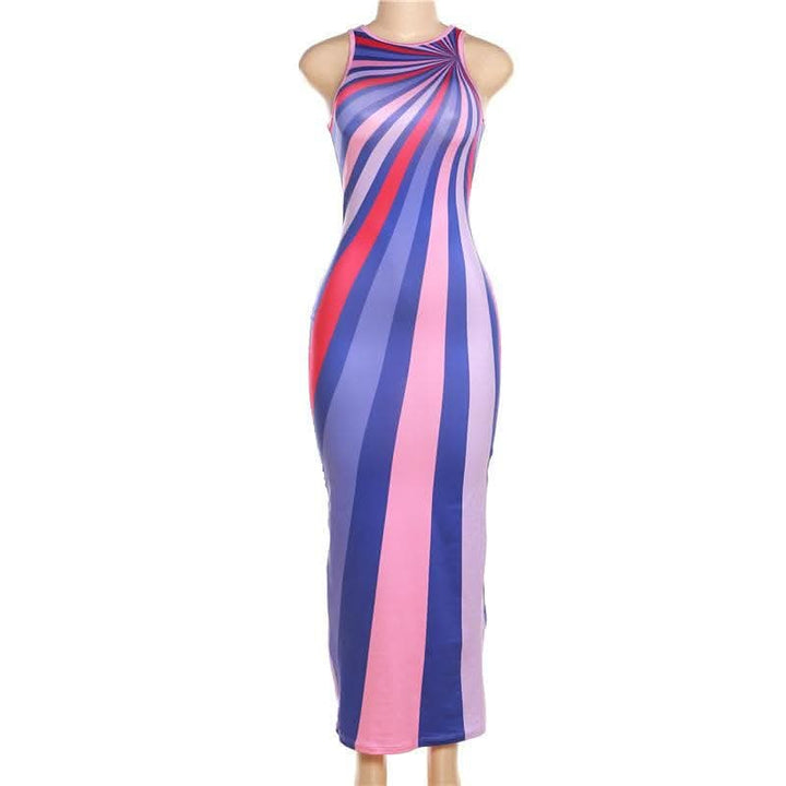Striped contrast sleeveless backless crewneck maxi dress-final-sale  | Festival Outfits Women