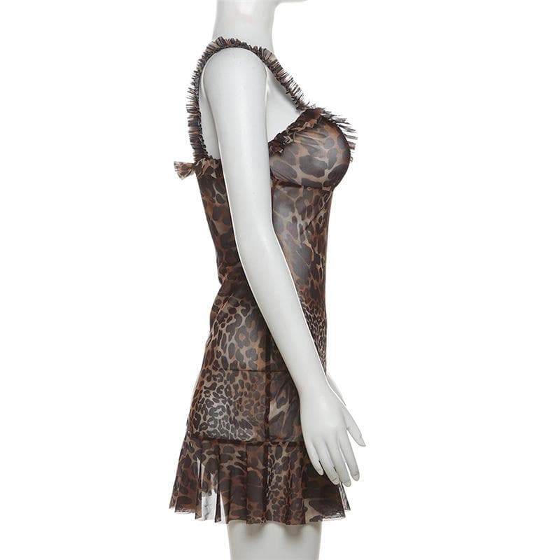 Leopard print v neck ruffle mesh cami mini dress  | Festival Outfits Women  | Leopard Print Mini Dress-final-sale