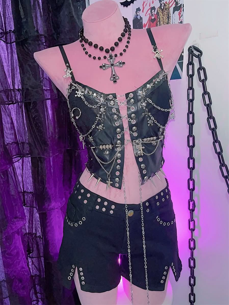 Metal chain rivet lace up PU leather cami top  | Festival Outfits Women-final-sale