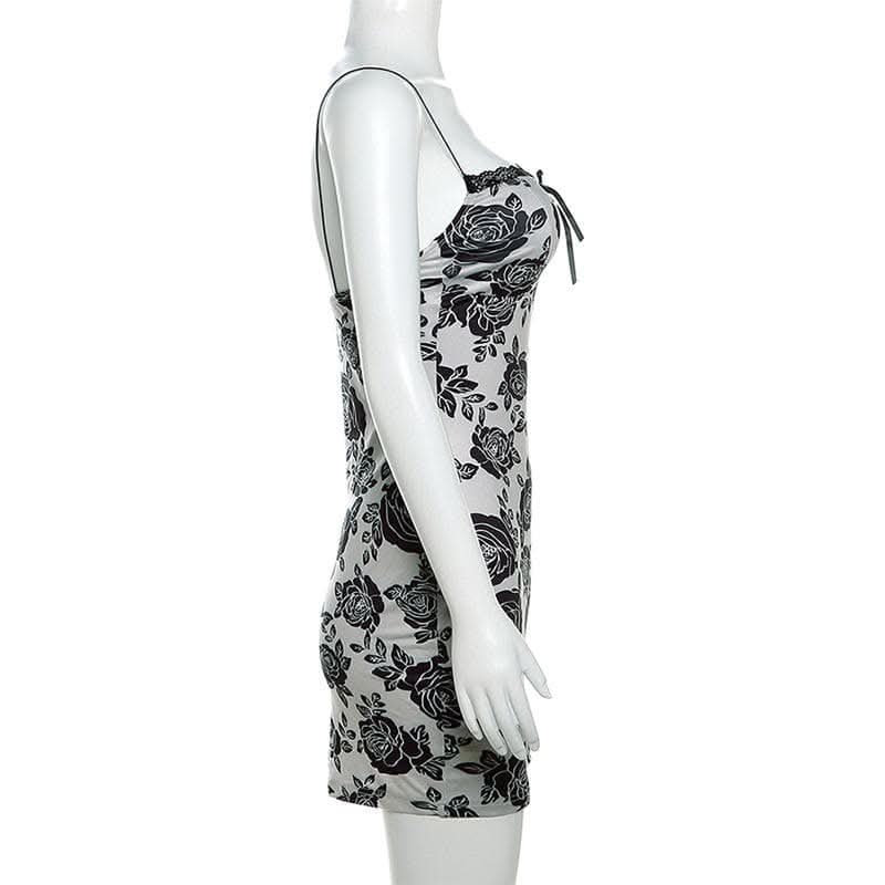 Rose print lace hem contrast spaghetti strap mini dress-final-sale