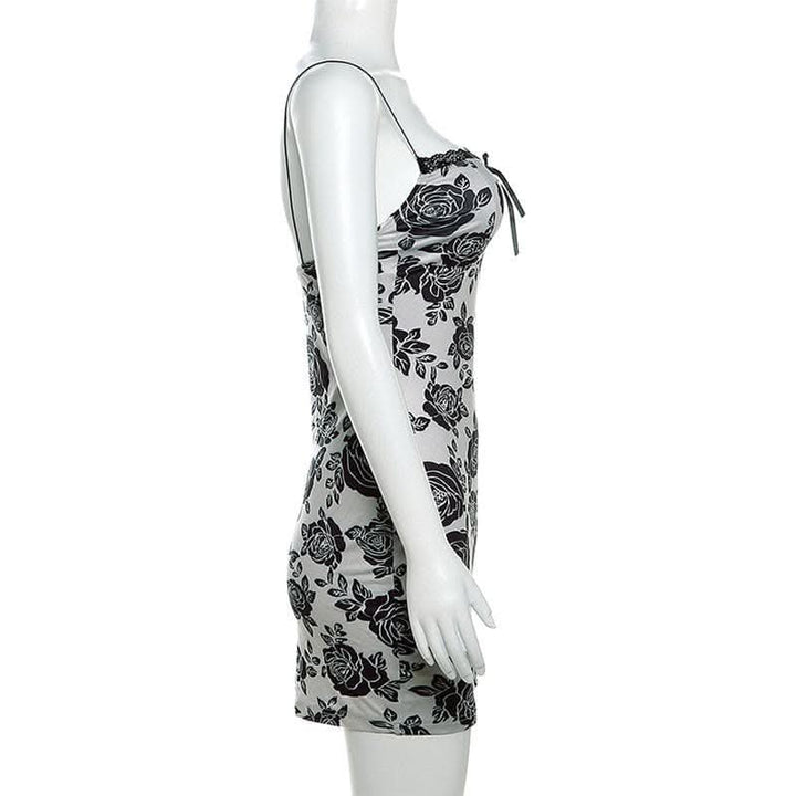 Rose print lace hem contrast spaghetti strap mini dress-final-sale