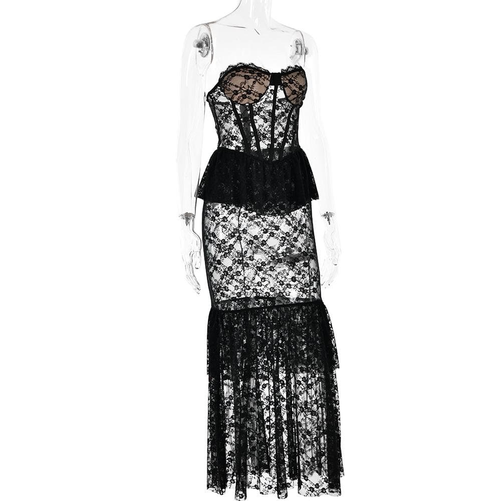 Sweetheart neck lace see through bustier ruched tube maxi dress  | Festival Outfits Women