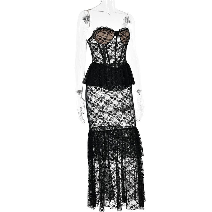 Sweetheart neck lace see through bustier ruched tube maxi dress  | Festival Outfits Women