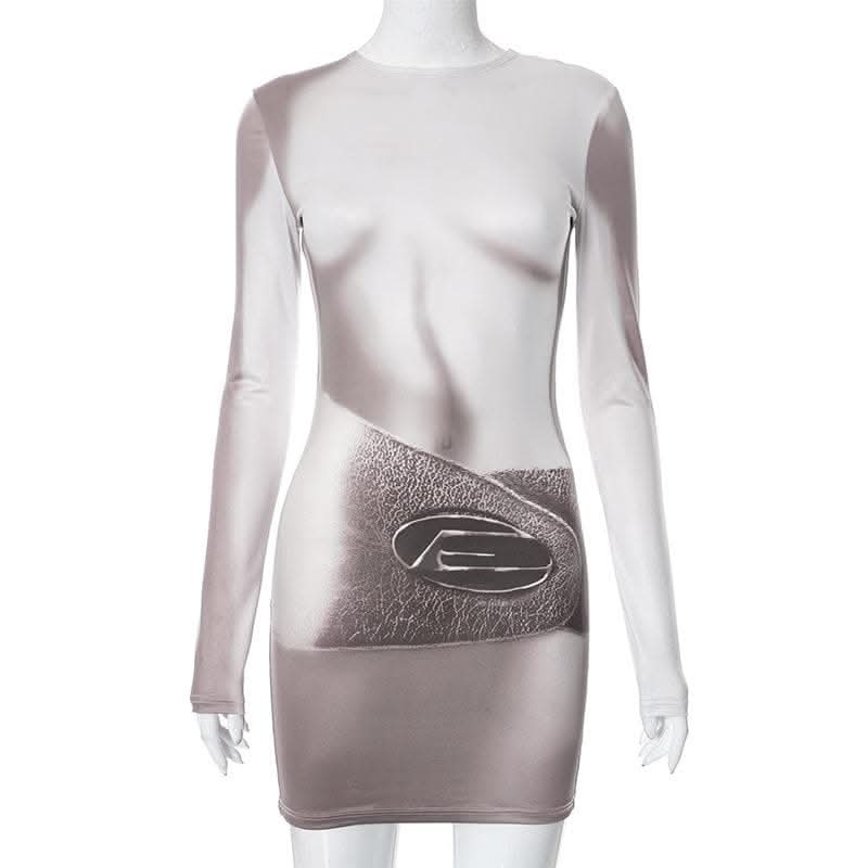 Long sleeve body print crewneck contrast mini dress-final-sale | Festi   Halibuy