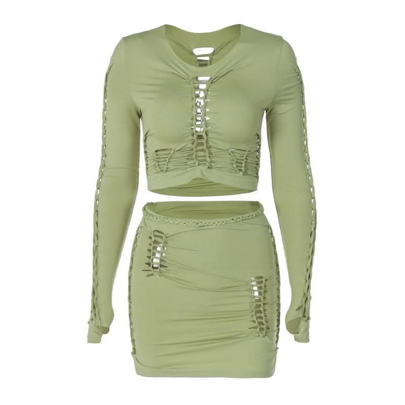 Long sleeve solid hollow out round neck ruched crop top skirt set-final-sale  | Festival Outfits Women