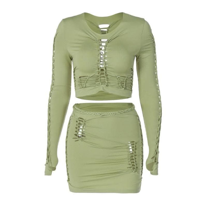 Long sleeve solid hollow out round neck ruched crop top skirt set-final-sale  | Festival Outfits Women