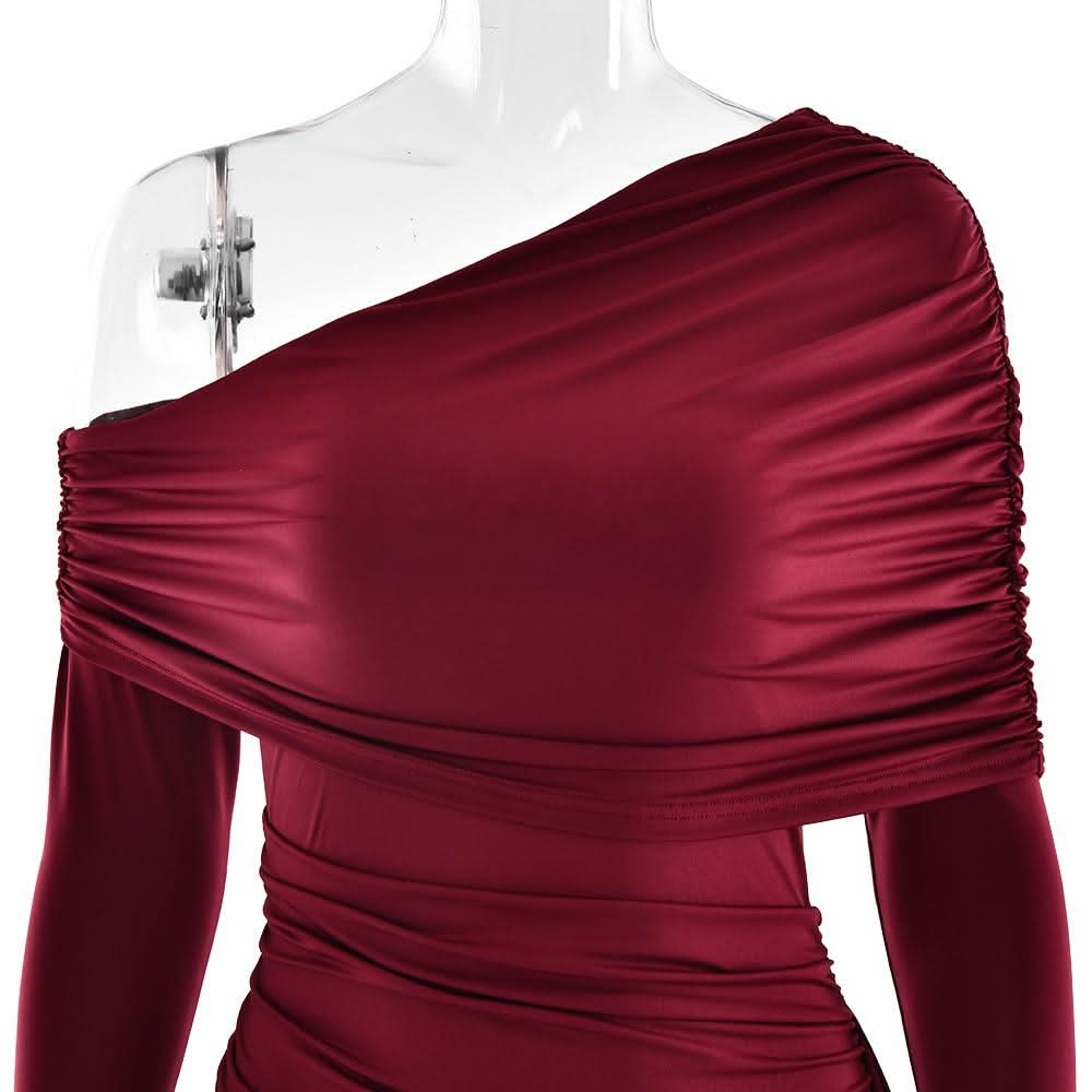 One shoulder long sleeve ruched slit maxi dress  | Festival Outfits Women