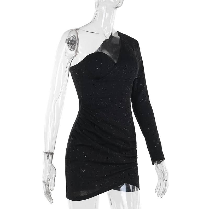 Irregular long sleeve one shoulder ruched mini dress  | Festival Outfits Women