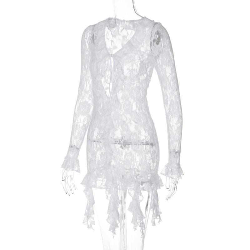 Long flared sleeve ruffle lace see through mini dress  | Festival Outfits Women