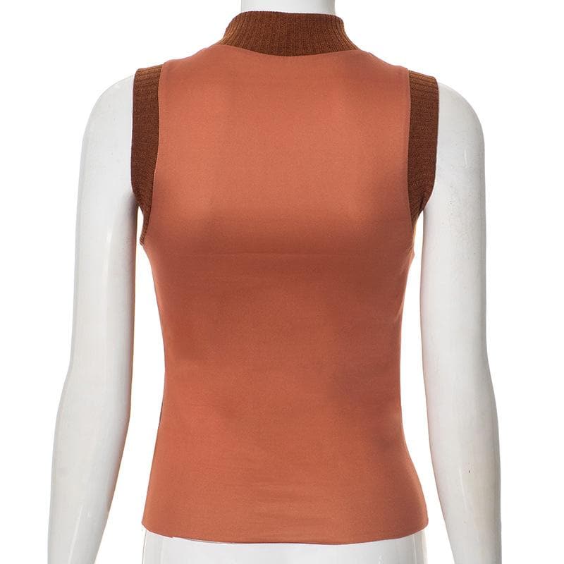 High neck sleeveless knitted patchwork print top  | Festival Outfits Women