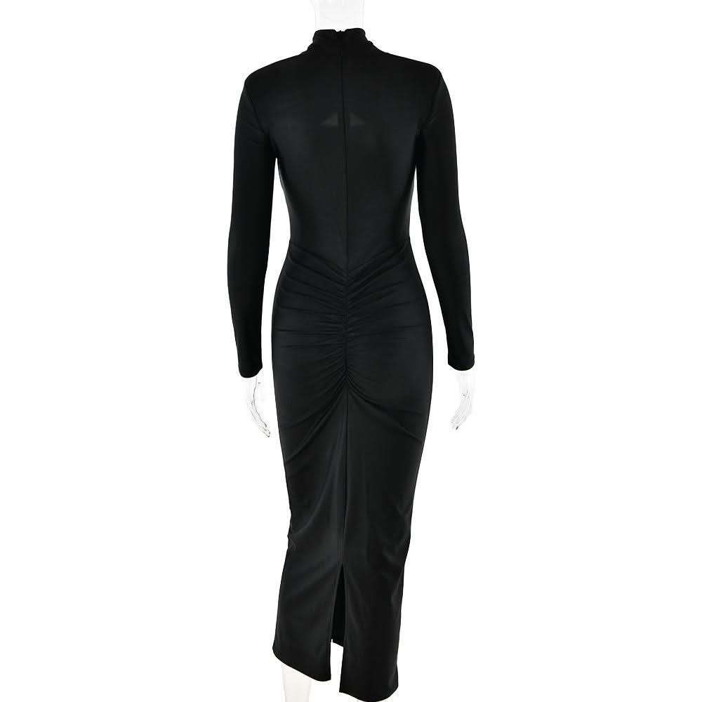 Hollow out long sleeve ruched slit solid cut out midi dress  | Festival Outfits Women