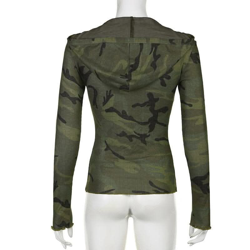 Camouflage contrast hoodie button long sleeve top-final-sale  | Festival Outfits Women