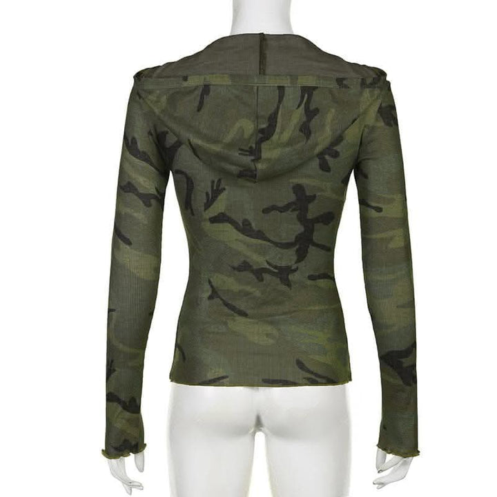 Camouflage contrast hoodie button long sleeve top-final-sale  | Festival Outfits Women