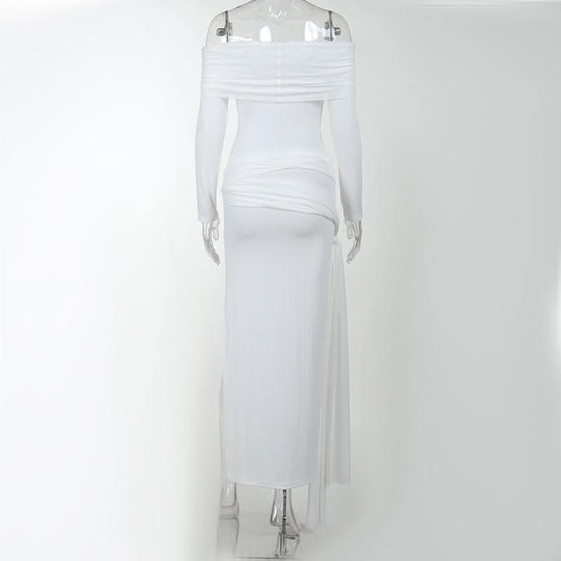 Cross front solid long sleeve off shoulder slit self tie maxi dress-final-sale  | Festival Outfits Women