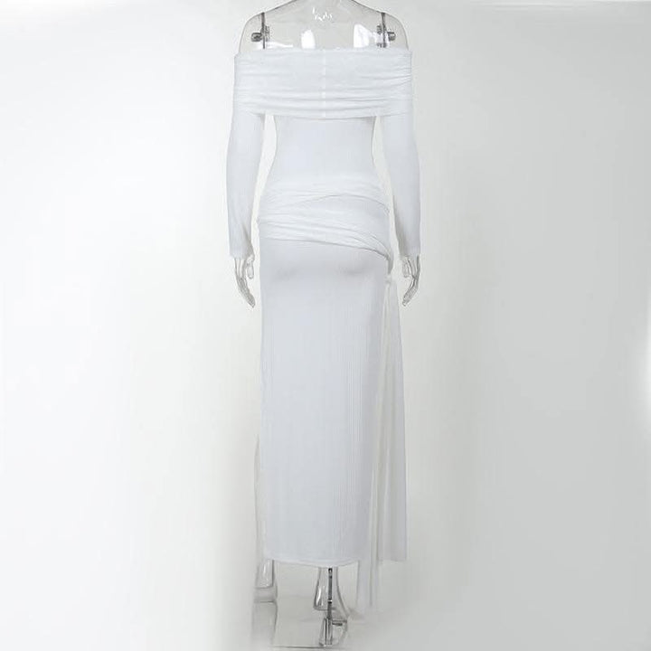 Cross front solid long sleeve off shoulder slit self tie maxi dress-final-sale  | Festival Outfits Women