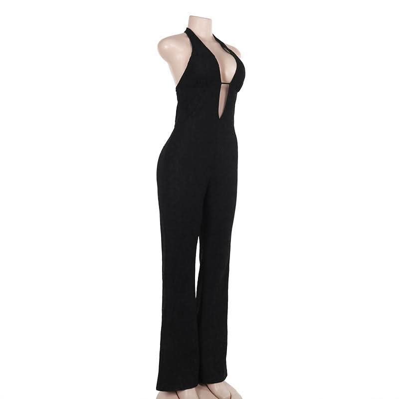 Halter self tie deep V neck lace backless jumpsuit  | Festival Outfits Women