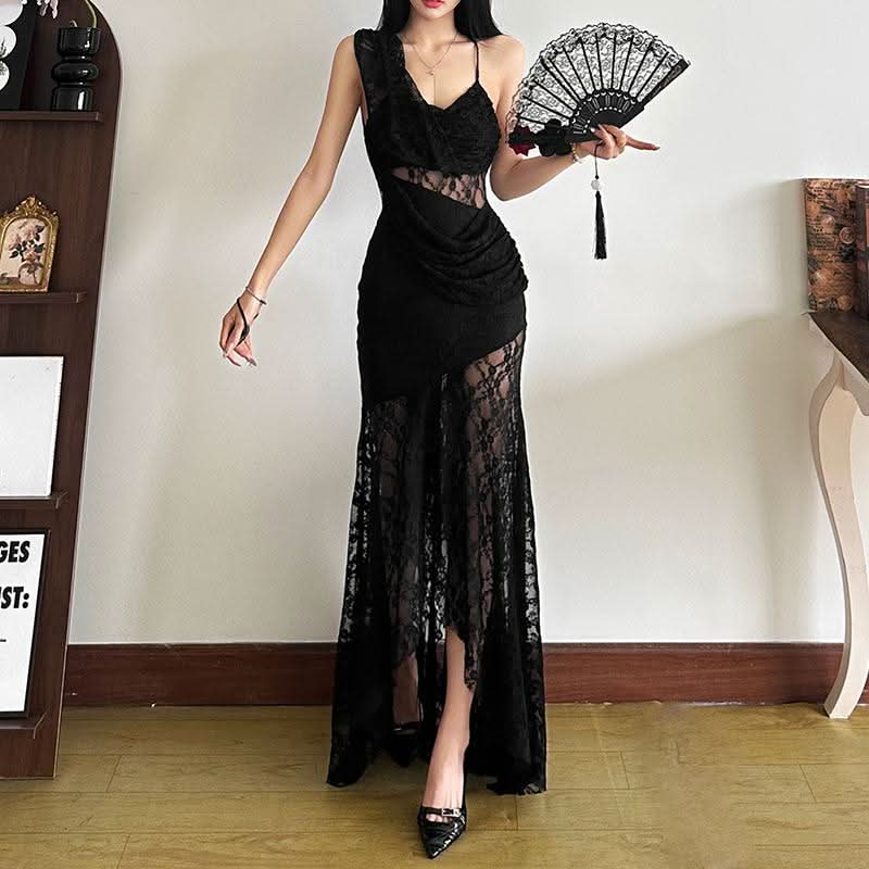 Irregular lace ruched solid cami maxi dress-final-sale