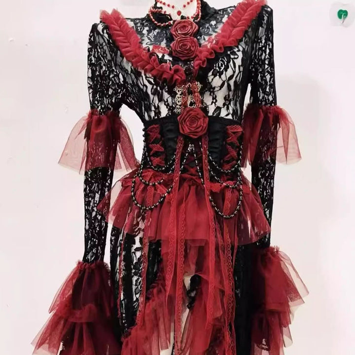 Long flared sleeve lace flower applique ruffle midi dress  | Festival Outfits Women