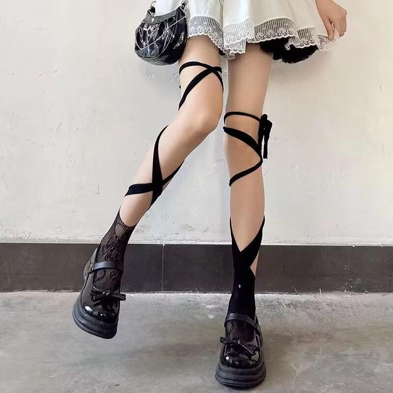 Self tie irregular lace thigh high socks  | Festival Outfits Women