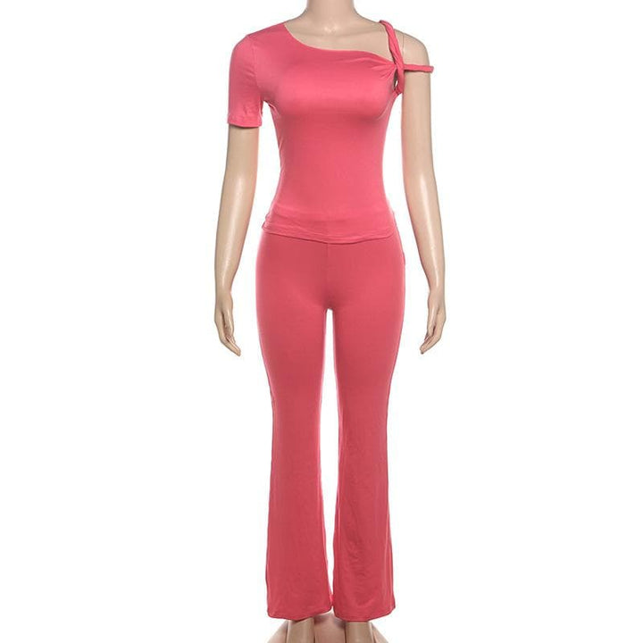 Short sleeve irregular crewneck solid pant set  | Festival Outfits Women