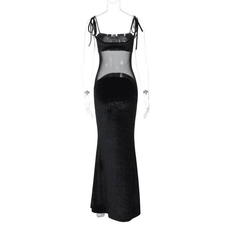 Self tie mesh patchwork backless velvet solid cami maxi dress-final-sale  | Festival Outfits Women