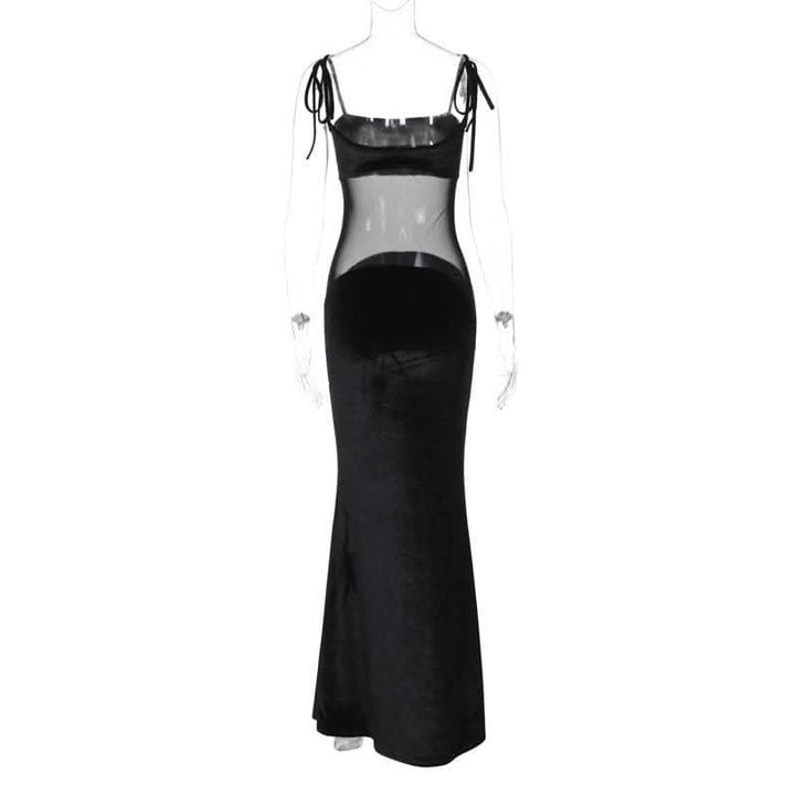 Self tie mesh patchwork backless velvet solid cami maxi dress-final-sale  | Festival Outfits Women