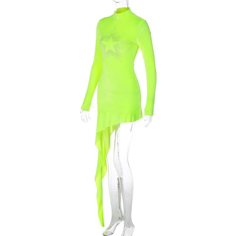 Star pattern beaded irregular long sleeve high neck ruffle mini dress-final-sale  | Festival Outfits Women