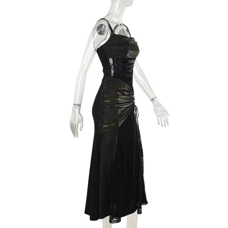Square neck ruched lace up lace hem maxi dress  | Festival Outfits Women-final-sale