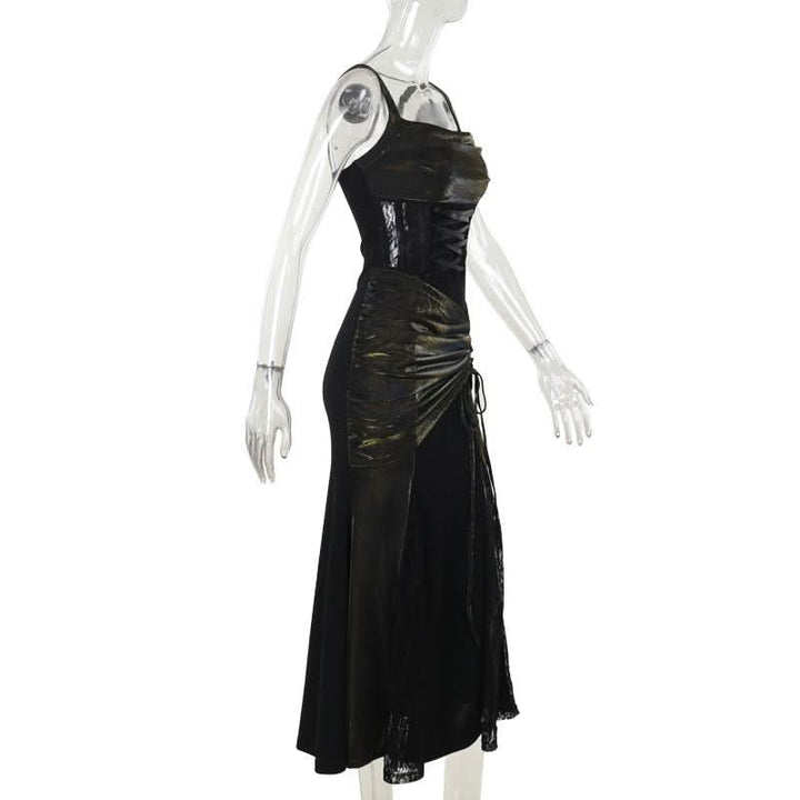 Square neck ruched lace up lace hem maxi dress  | Festival Outfits Women-final-sale