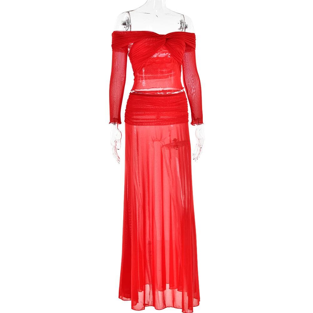 Long sleeve off shoulder sheer mesh maxi skirt set  | Festival Outfits Women