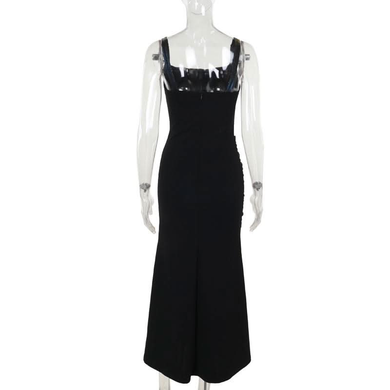 Square neck ruched lace up lace hem maxi dress  | Festival Outfits Women-final-sale