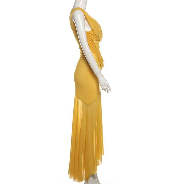 Irregular mesh v neck ruched solid cami maxi dress  | Festival Outfits Women