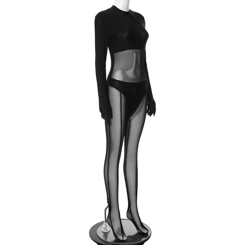 Gloves long sleeve mesh patchwork solid zip-up jumpsuit-final-sale  | Festival Outfits Women