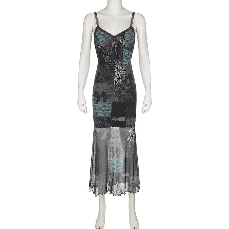 V neck print lace hem mesh cami midi dress  | Festival Outfits Women