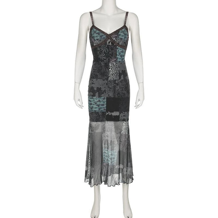 V neck print lace hem mesh cami midi dress  | Festival Outfits Women