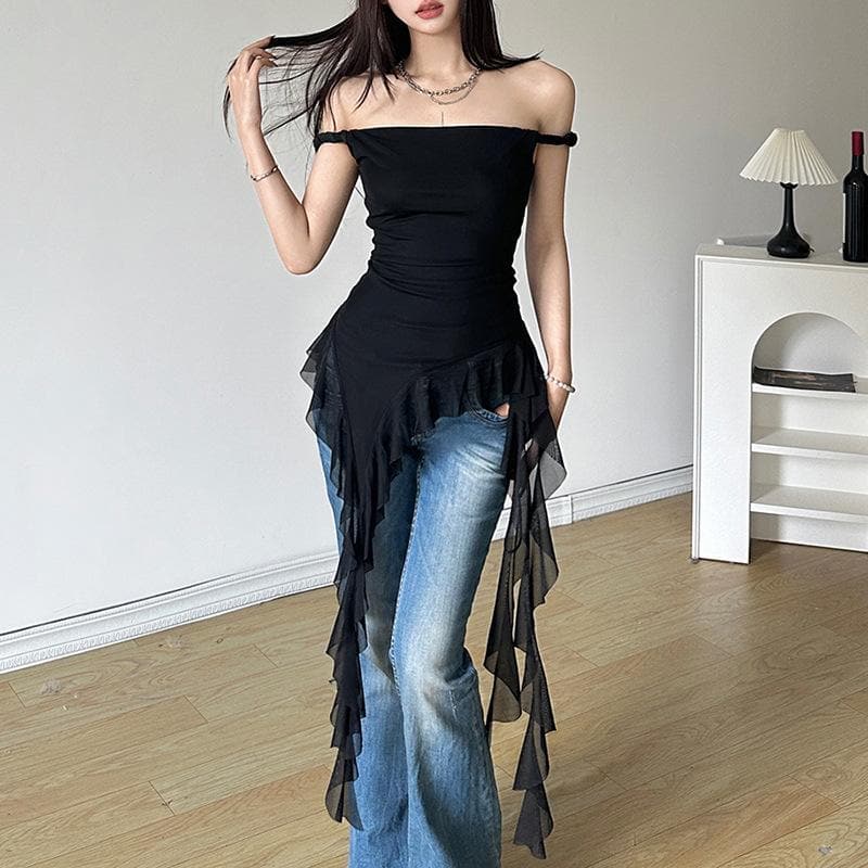 Off shoulder ruffle irregular mesh top  | Festival Outfits Women