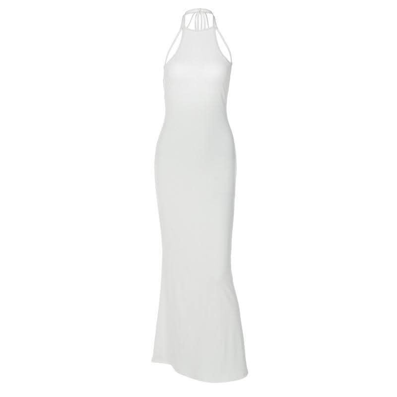 Halter solid sleeveless backless self tie maxi dress-final-sale  | Festival Outfits Women