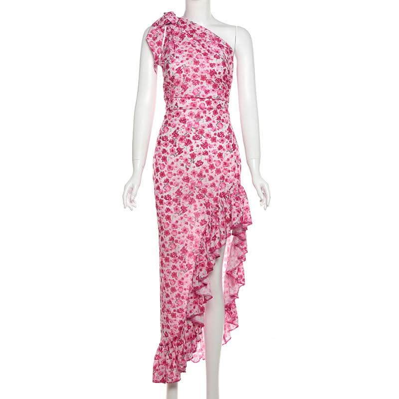 One shoulder knotted slit flower print ruffle maxi dress  | Festival Outfits Women